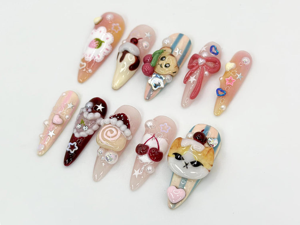 Kawaii Dessert Cat Press-On Nails Handmade Cute Cat Nail Art Cute 3D Kawaii Dessert Nail 3D Handmade Nail Elegant Nail Art OB593HC