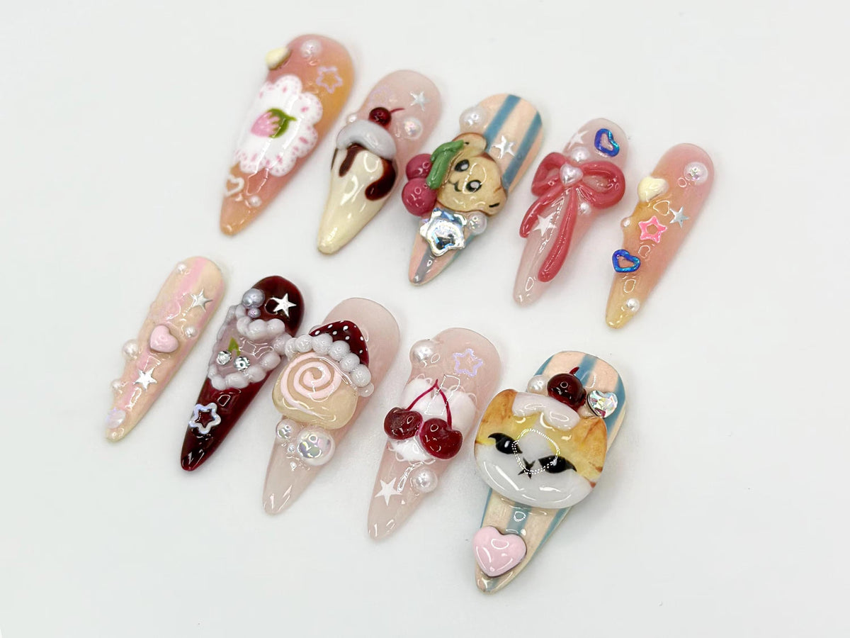 Kawaii Dessert Cat Press-On Nails Handmade Cute Cat Nail Art Cute 3D Kawaii Dessert Nail 3D Handmade Nail Elegant Nail Art OB593HC
