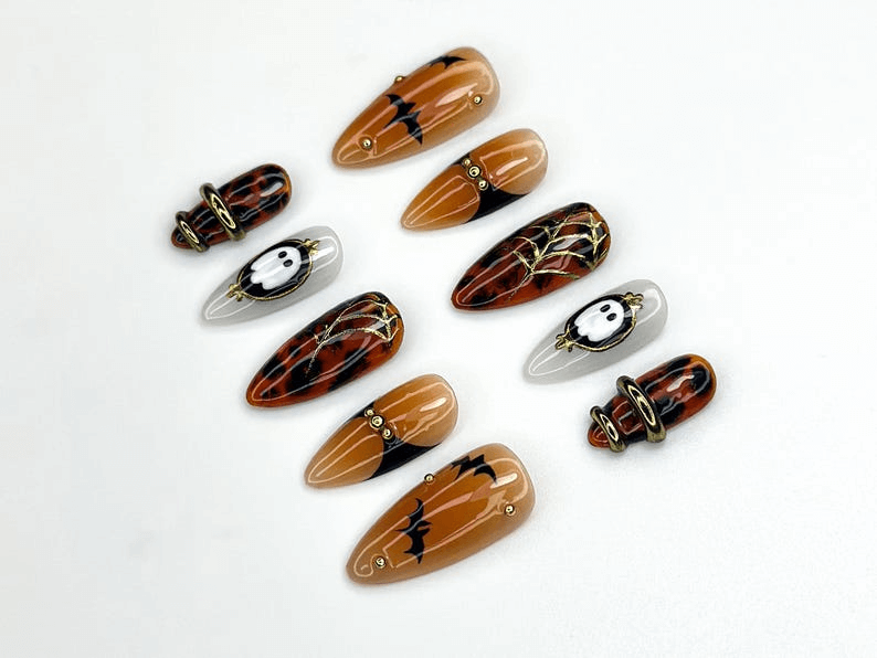 Halloween Bat Ghost Press On Nails, Spooky Spider Web Nail Art, Orange Black Fall Nails