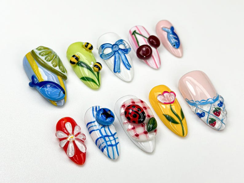 Garden Picnic Summer Press On Nails 3D Cherry, Bee & Flower Nail Art Summer Cottagecore Nails Cute Colorful Press Ons