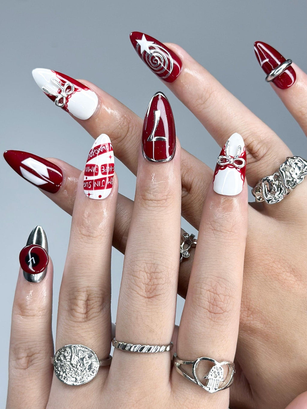 Kpop Inspired Cupid Voyage Nails, 7 Spirit Arirang Love Muse Press Ons, Red White Silver