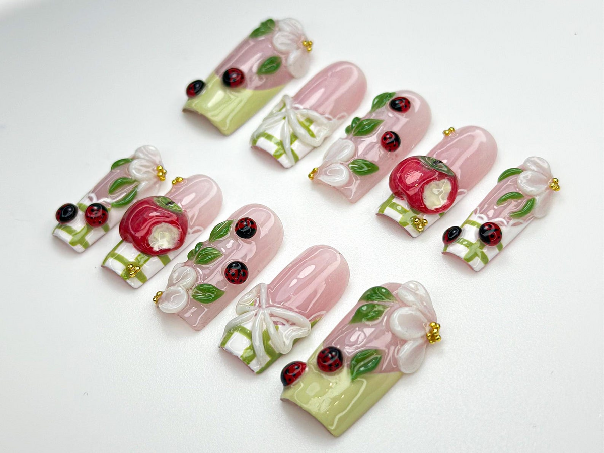 Handmade Picnic Theme Press On Nails 3D Flower & Ladybug Nails Cottagecore Nail Set Pink Green Nature Nails Handmade Nails OB859H