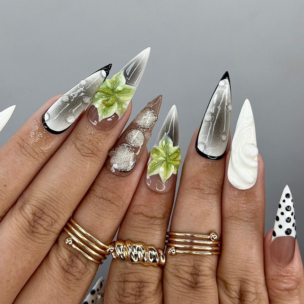 Modern Botanical Press On Nails3D Green Flower and Gold Leaf Accents Black & White Polka Dot Nails