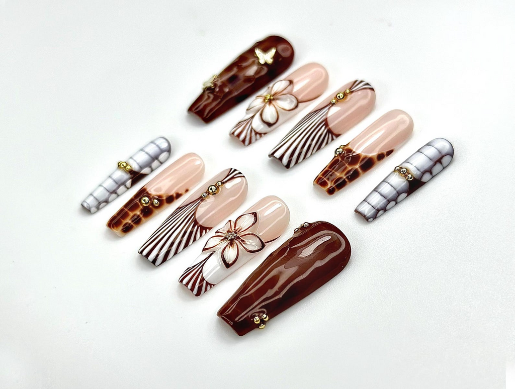 Caramel Elegance Press On Nails Brown Marble 3D Flower Nails Butterfly Accent & Luxe Stripe Design Fall Long Gel Nails
