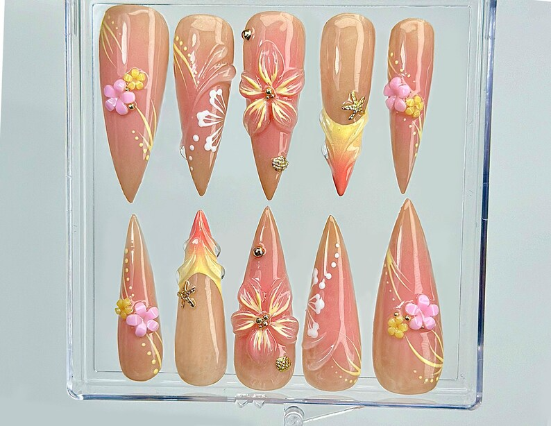 Sunset Blossom Whisper Press On Nails 3D Pastel Flower Nail Art Elegant Nude & Coral Tones Handcrafted Ombre Floral Nails