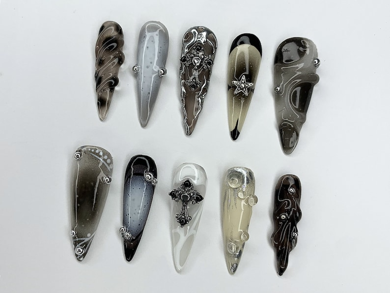 Cool Gothic Press On Nails Luxury Black Silver Jeweled Nail charms Luxurious Chrome and Holiday Nail ArtLong Stiletto Nail Set