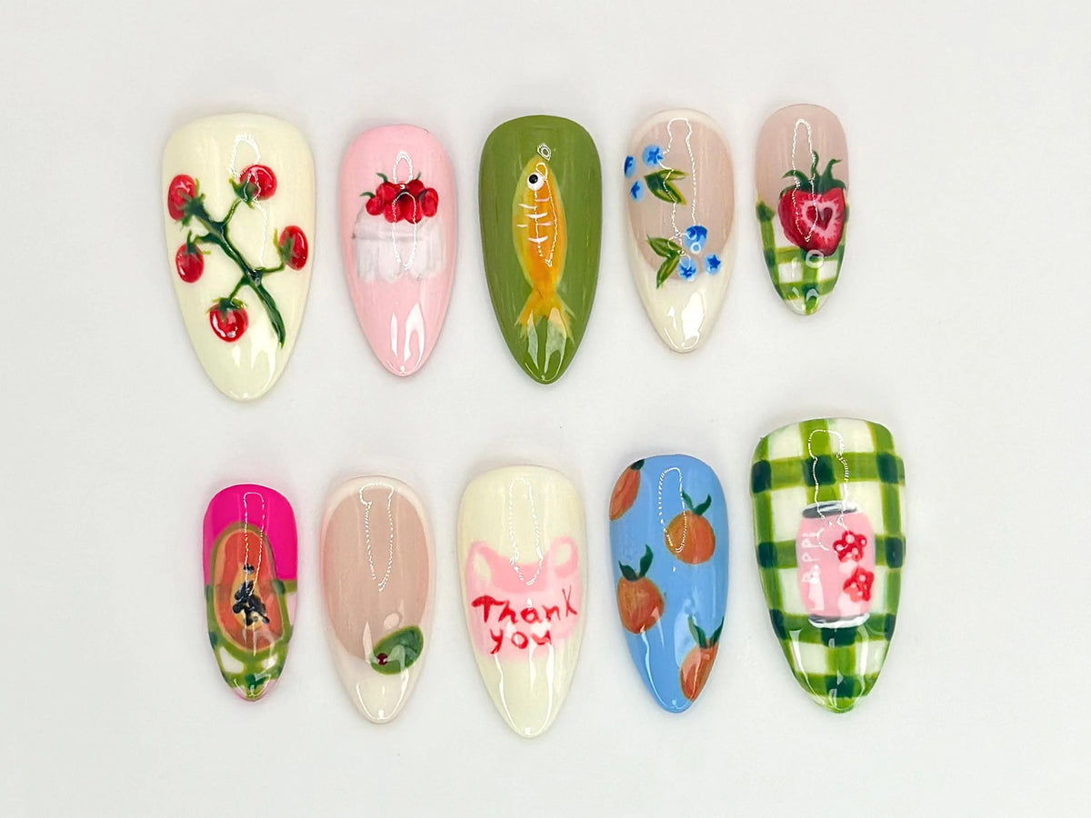 Fruit Garden Custom Press On Nails Hand-Painted Watermelon, Strawberry & Citrus Nail Art OB525LC