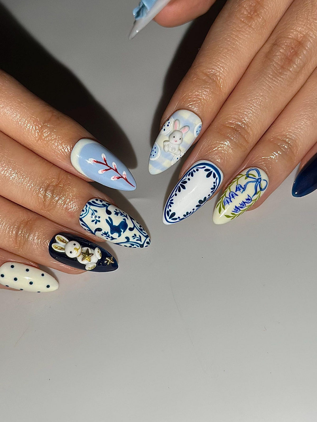 Easter Bunny Blue Press On Nails 3D Rabbit Nail Art Delft Blue Floral Nails Cute Spring