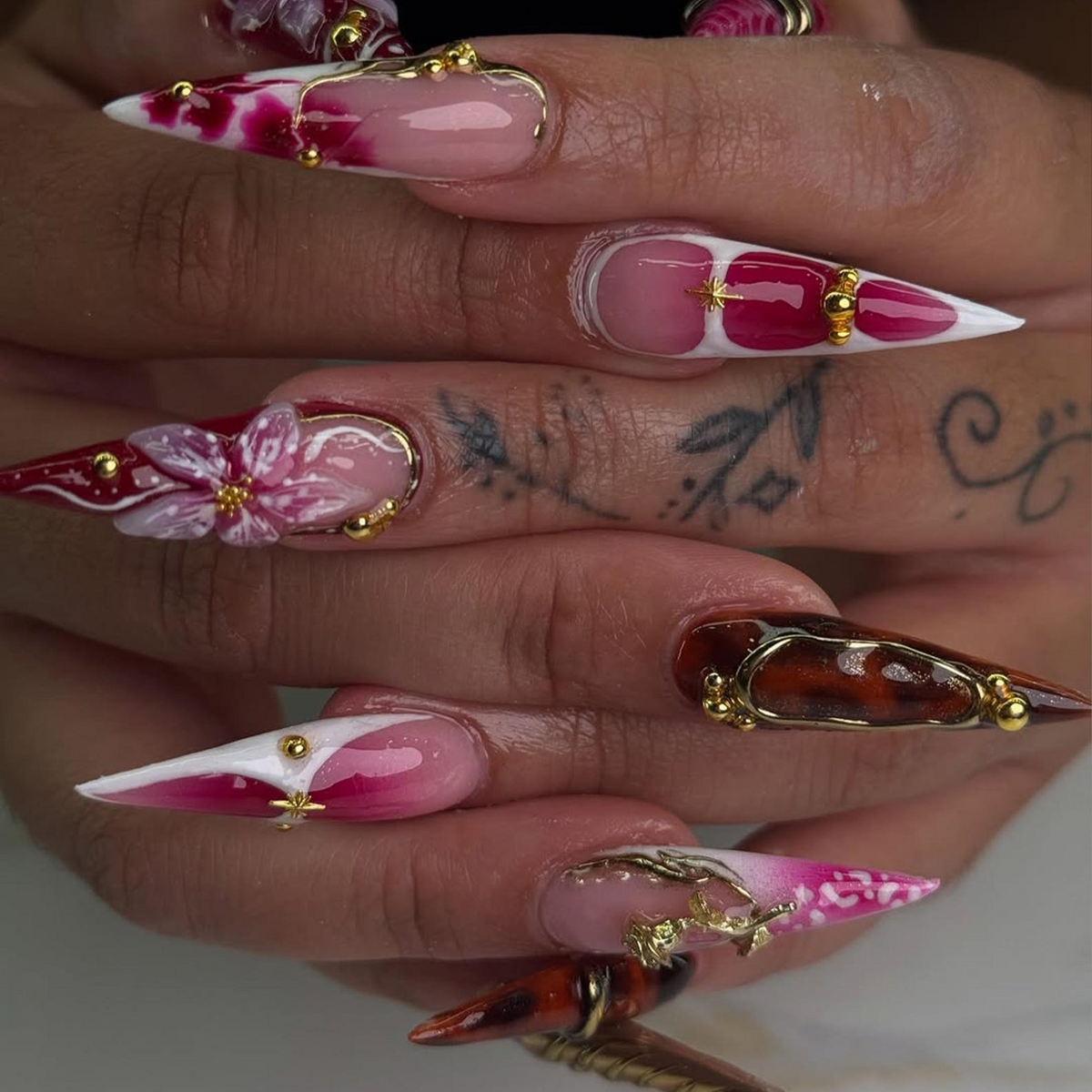 Crimson Gold Floral Press On Nails 3D Red Floral & Gold Nail Art Sculpted Jewel Accent Nails Handmade Elegant Press On Set