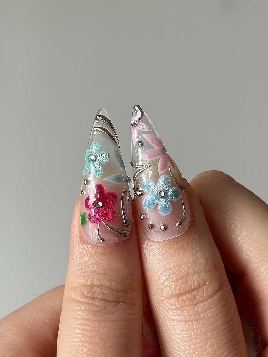 Spring Glass Floral Press On Nails Hand Painted Flower Nails Pastel Stiletto Nails Elegant