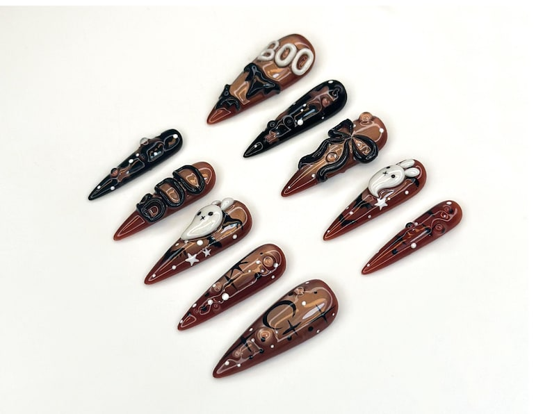 Boo Ghost Bunny Press On Nails, Cute Halloween Nail Set, Handmade Brown Nude Nails, Spooky