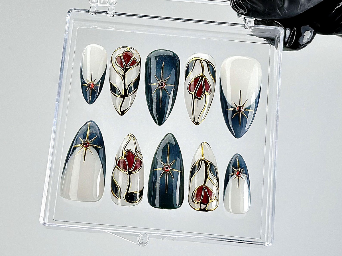 Gothic Floral Press On Nails Baroque Midnight Rose Fake Nails Art Nouveau Gothic Nail Art Dark Floral Press OnsClassy NailsOB887YC