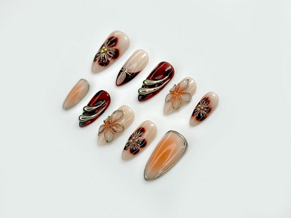 Autumn Tortoiseshell Blossom Press On Nails Brown Nude Gradient Nail Art 3D Floral & Metallic Accents Elegant Long Nail Set