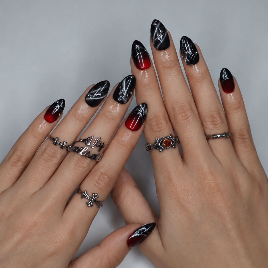 Arachne Black Red Handmade Press On Nails