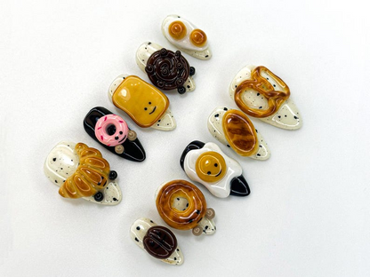 Breakfast Food Press On Nails 3D Croissant Donut Nail Art Toast and Egg Handmade Nails Fun Foodie Nails