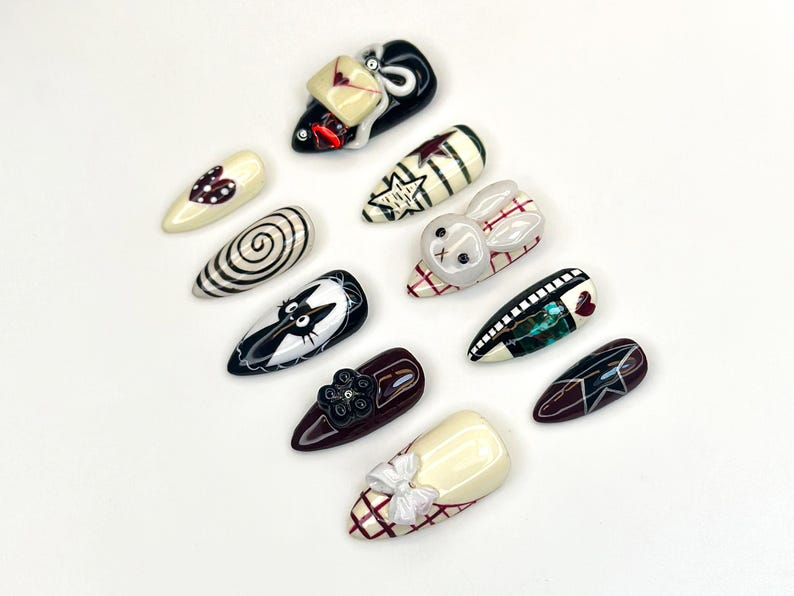 Creepy Cute Press On Nails Gothic Mask And Bunny Nail Art 3D Bow & Spiral Nails Handmade Halloween Nail Set