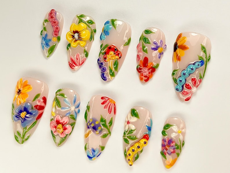 Colorful Flower Press-On Nails Spring Flower Press Ons 3D Flowers Fake Nails| Perfect for Special Occasions Summer CollectionOB759YC