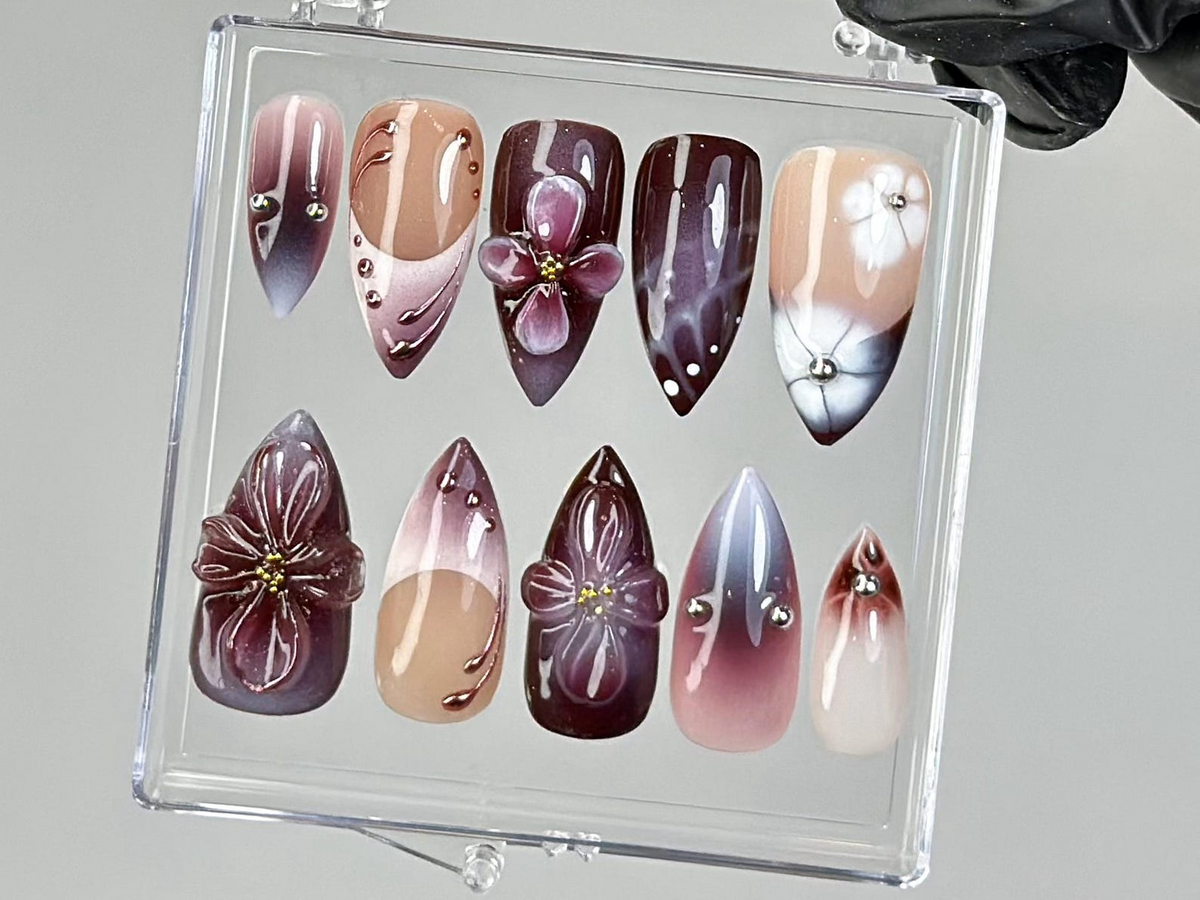 Luxury Purple Press On Nails Glossy Ombre Press Ons Deep Burgundy Fake Nails 3D Blossom Nail Art Long Almond Nails OB746YK