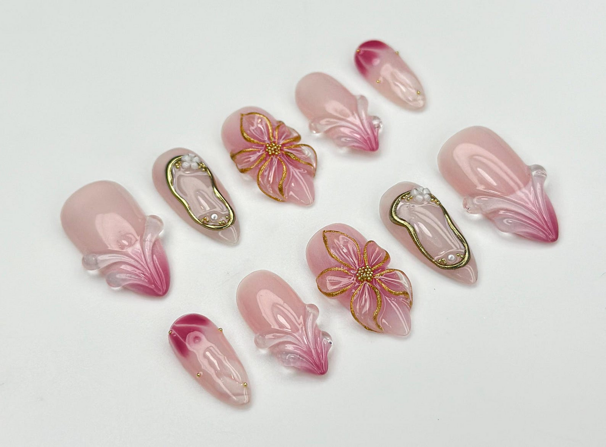Blush Bloom Elegance Press On Nails 3D Floral Accents & Gold Details & Pink Ombre Press Ons Wedding Nails OC962H