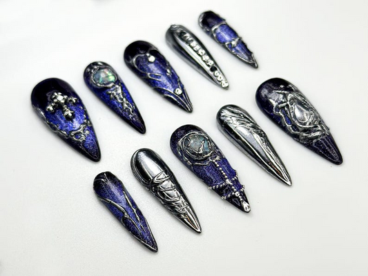 Chrome Purple Press On Nails Midnight Cross Galaxy Nails Gothic Celestial Nail Art 3D Moonstone Nail Design Mystical Nails OC862H