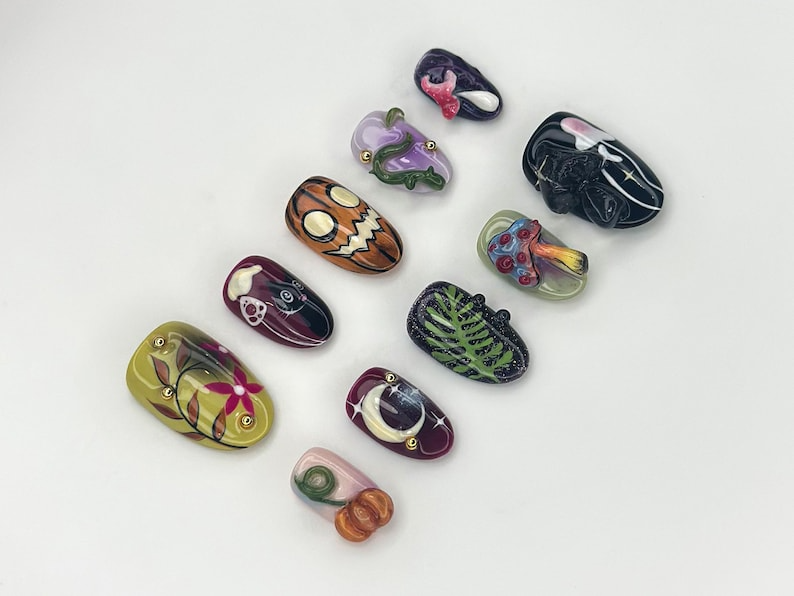 Fantasy Forest Halloween Nails Pumpkin & Black Cat Press Ons 3D Mushroom Nail Art Magical Spooky Handmade Nails