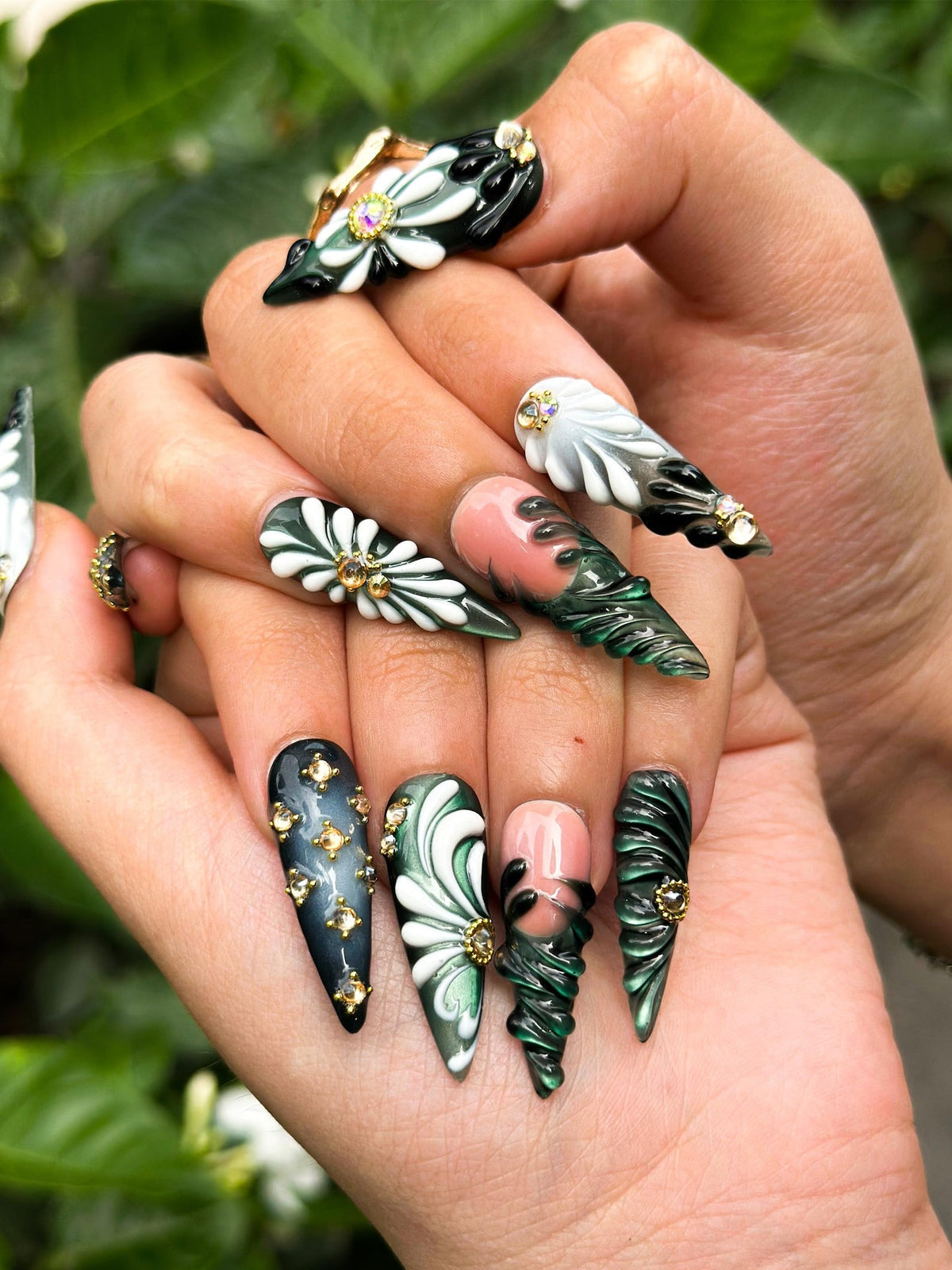 Green Black Press On Nails with 3D Floral and Gold Detail, Elegant Botanical Nails in