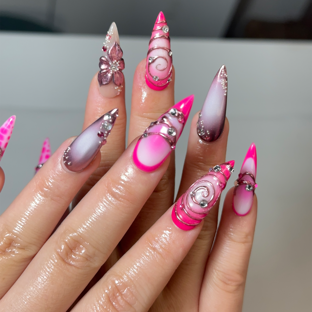 Hot Pink Press On Nails, Luxury Cyber Gyaru Stiletto Nails, 3D Chrome Flower Metallic Fake