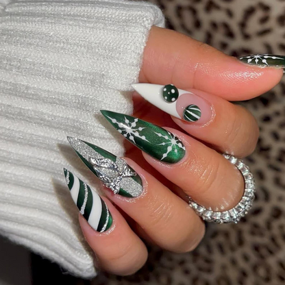 Green Winter Press On Nails Emerald Snowflake Christmas Press Ons Festive Holiday Nail Candy Nails Elegant Christmas Set
