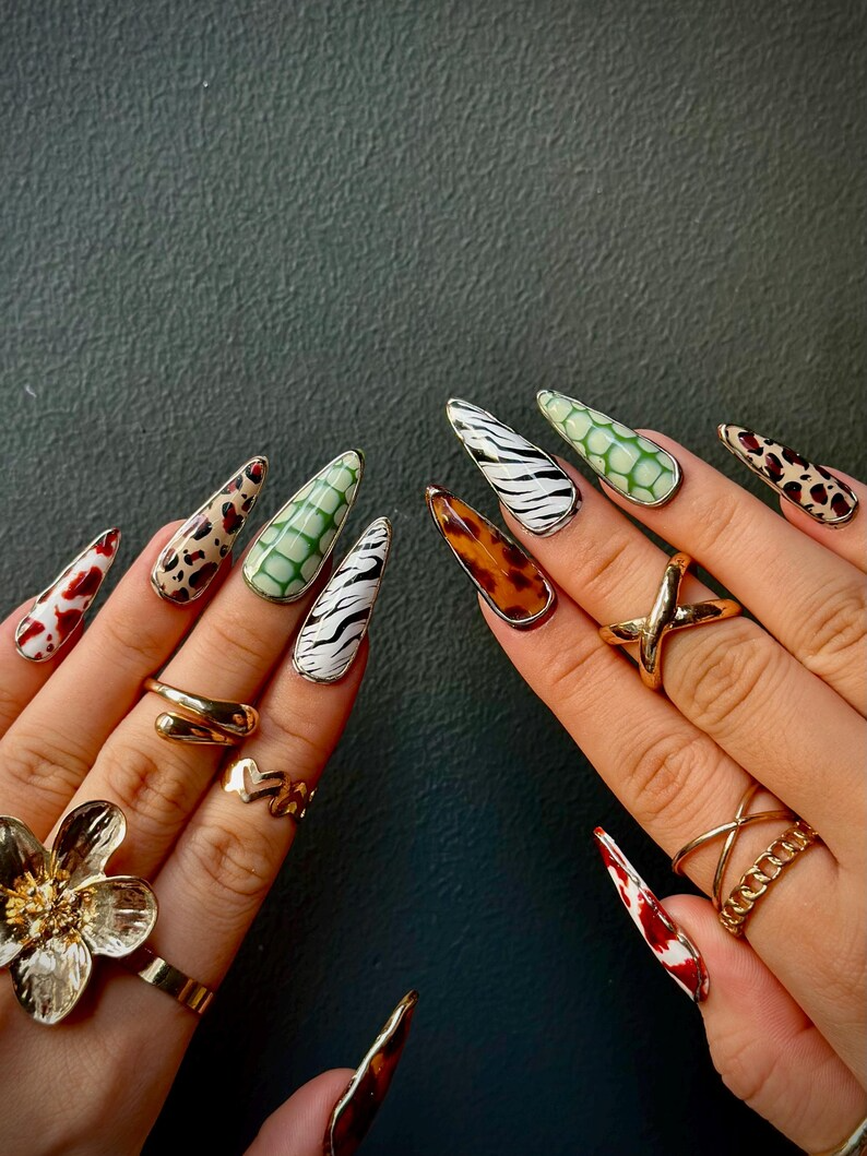 Luxe Leopard Press On Nails Zebra, Leopard & Croc Nail Art Handmade Safari-Inspired Press Ons Mixed Animal Print Nails