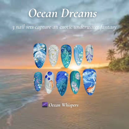 Ocean Dreams Nail Bundle 3 Sea-Inspired Press On Nail Sets Mermaid, Coral & Shark Vibes