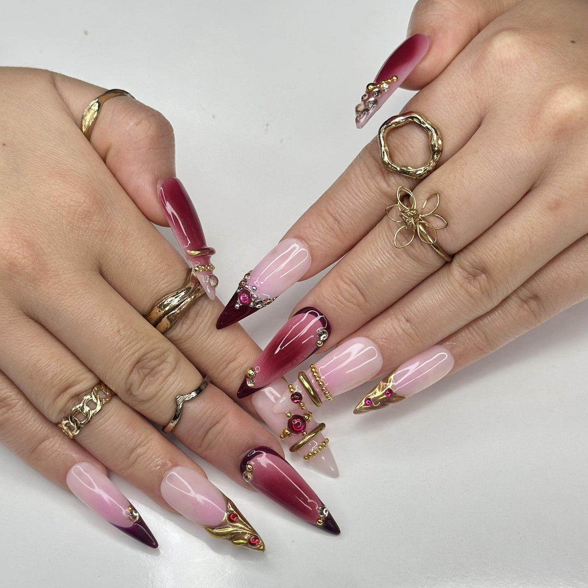 3D Gold Luxury Wine Red Press On Nails, Jelly Burgundy Ombre, Y2K Metallic Chrome Art