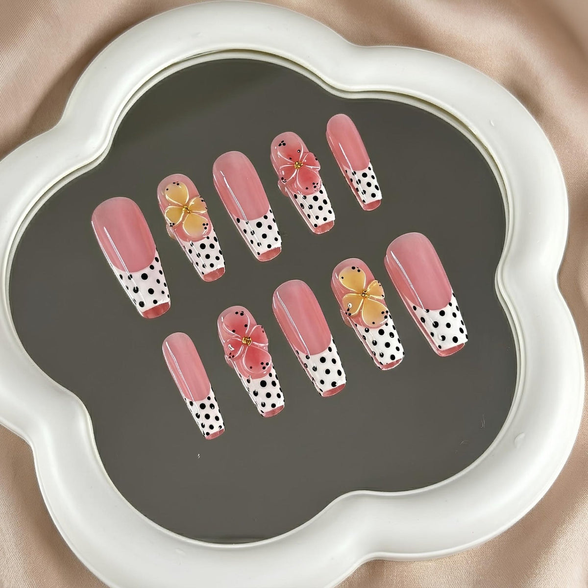 Retro Polka Dot Press On Nails, 3D Floral French Tip, Y2K Pastel Summer Nails, Bold