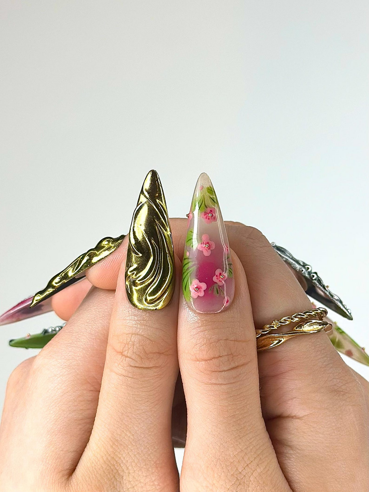 3D Luxury Floral Press On Nails Flower Gold Chrome Nails Handmade Statement Nail Art Elegant Long Press Ons