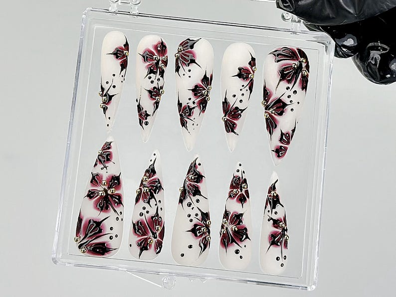 Black Red Flower Press On NailsGothic Floral Fantasy Nail ArtHandmade Dark Nails
