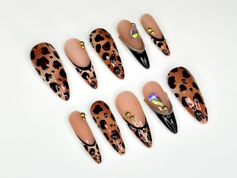Leopard Fall Press On Nails Animal Print Nail Art Glam Rhinestone & Chain Nails Handmade Long Stiletto NailsAutumn Press Ons