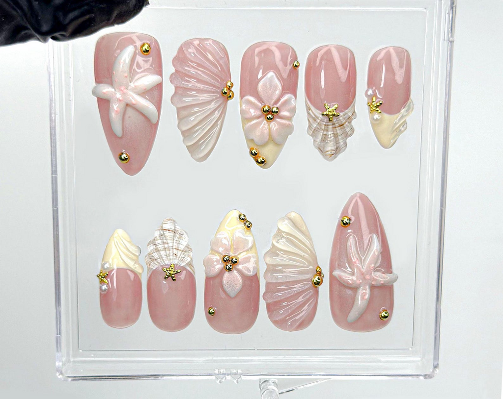 Soft Nude Seashell 3D Press On Nails Starfish, Shell & Floral Nail Art Handmade Pastel Nude Beach Nails