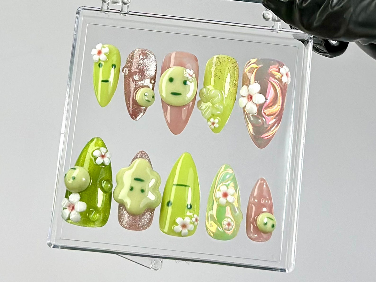 Kawaii Green Press On Nails by Dory Nails Green & Pink 3D Nail Art Whimsical 3D Fake Nails Kawaii Nails with Flowers Gifts OC790YK