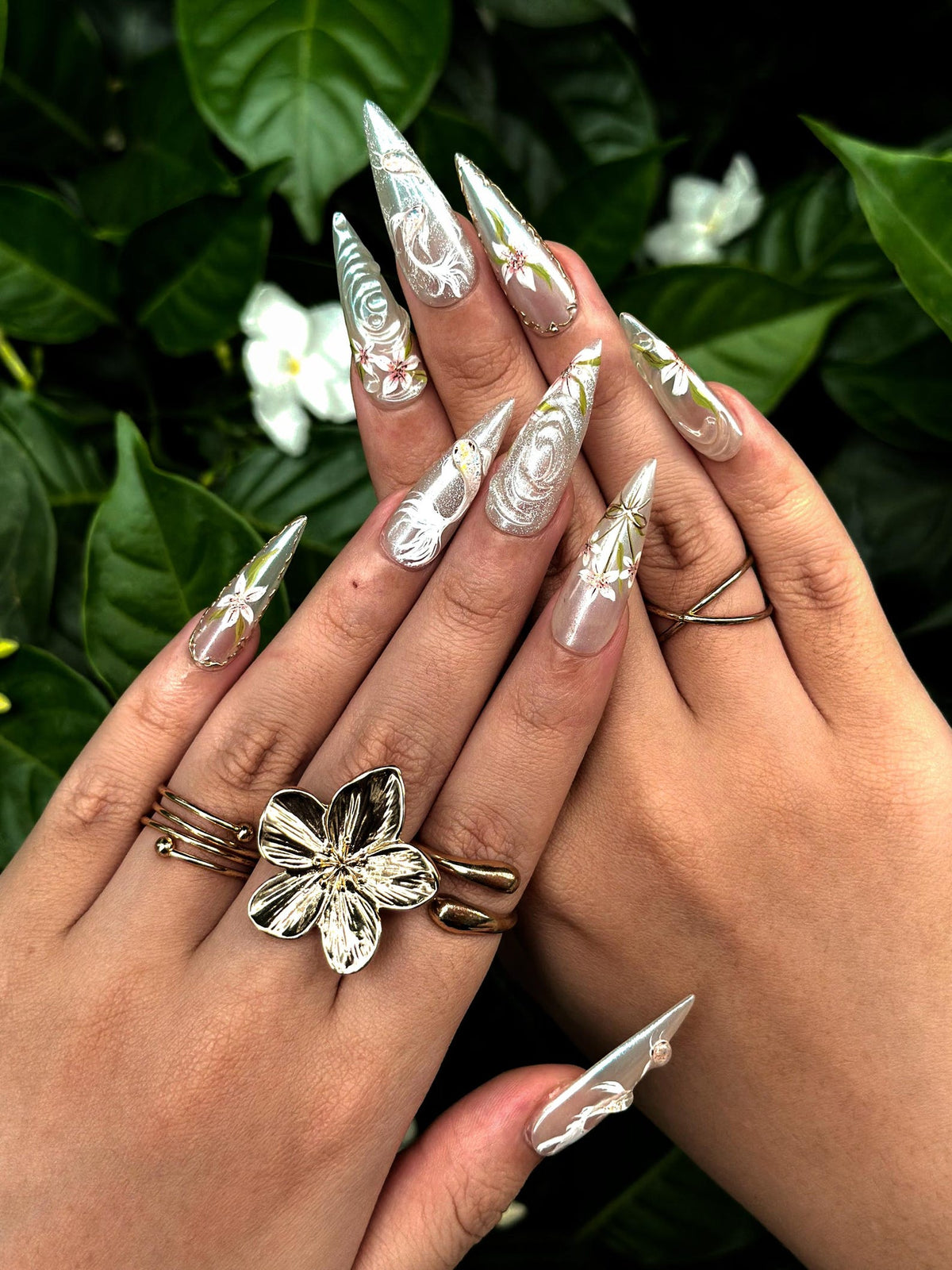 Ethereal Floral Press On Nails, Pearl Chrome Stiletto Nails, 3D White Flower Nails, Luxury