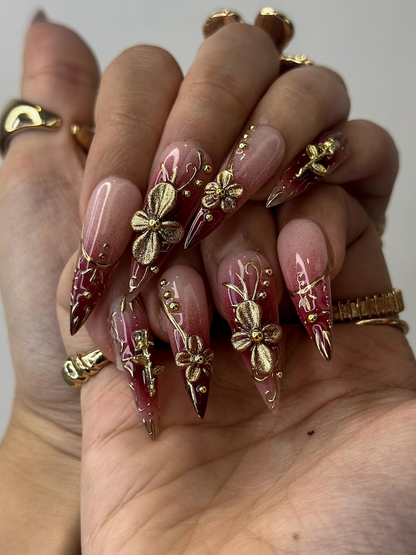 Golden Red Press On Nails Burgundy & Gold Floral Nail Art 3D Metallic Flower Design Luxury Nail Set Long Stiletto Press Ons