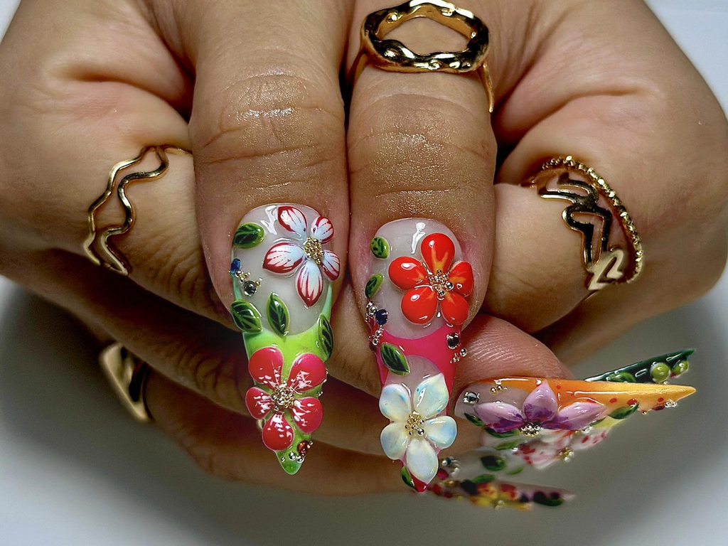Tropical Garden Explosion Press On Nails 3D Colorful Floral Nail Art Rainbow Gradient Tips with Leaves & Gems