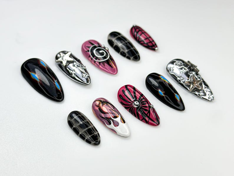 Y2K Black Pink Press On Nails Silver Star Chrome Nails Alt Fire Flame Design Cyber Gothic Press Ons Gothic Glam Nail Set