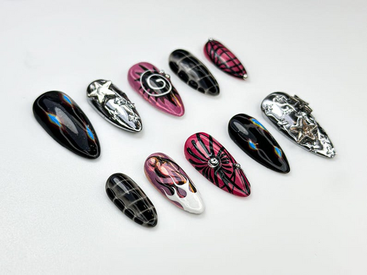 Y2K Black Pink Press On Nails Silver Star Chrome Nails Alt Fire Flame Design Cyber Gothic Press Ons Gothic Glam Nail Set