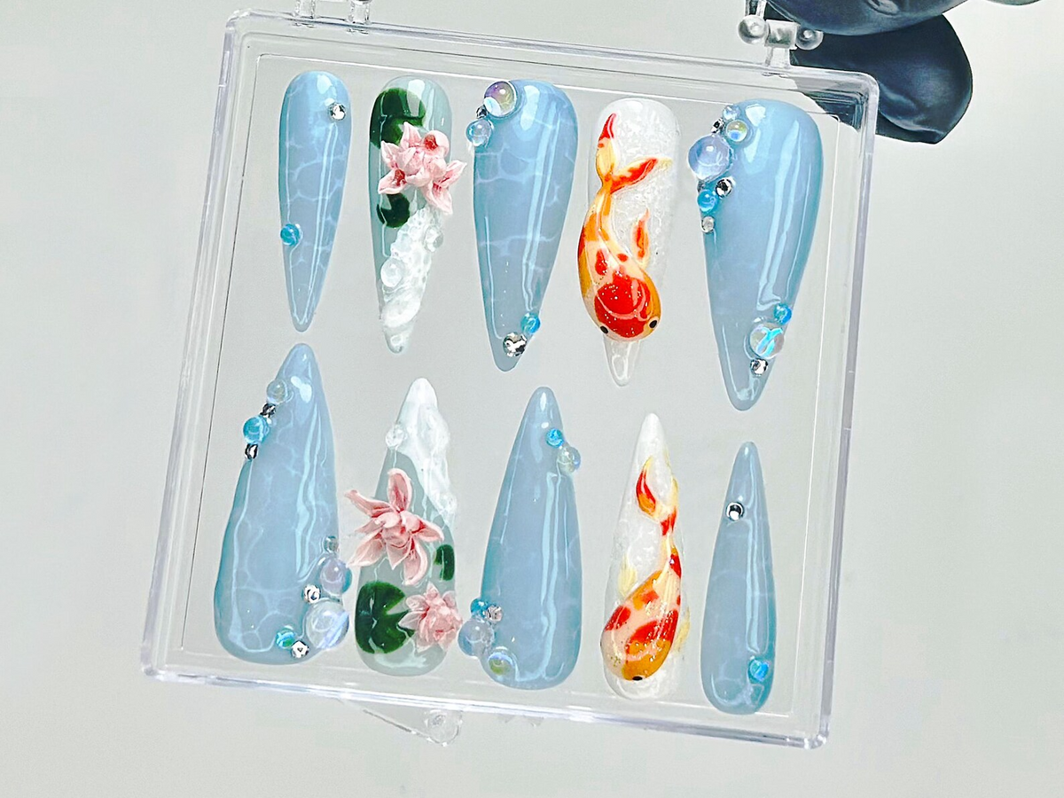 Koi Fish Press On Nails 3D Water Lily Fake Nails Japanese Koi Nail Art Ocean Theme Press Ons Goldfish & Lotus Nails