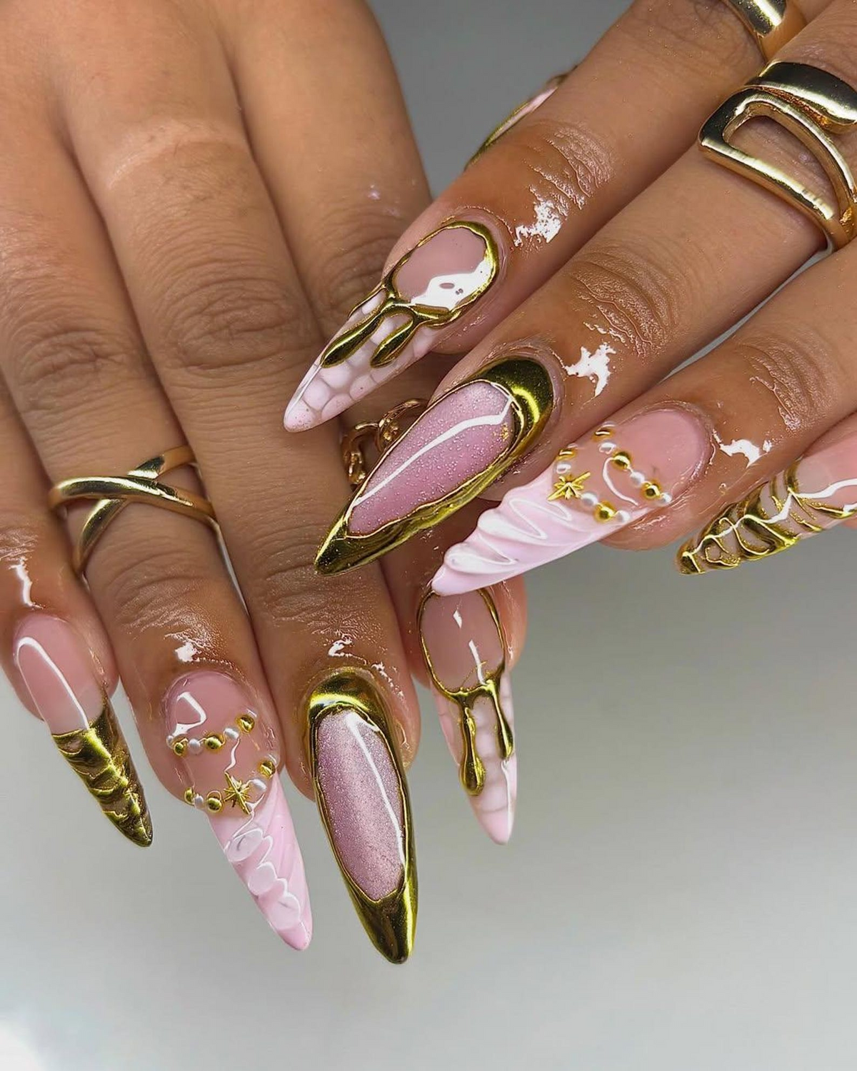 Nude Pink Gold Press On Nails Luxury Molten Metal Nail Art Elegant Long Stiletto Press Ons