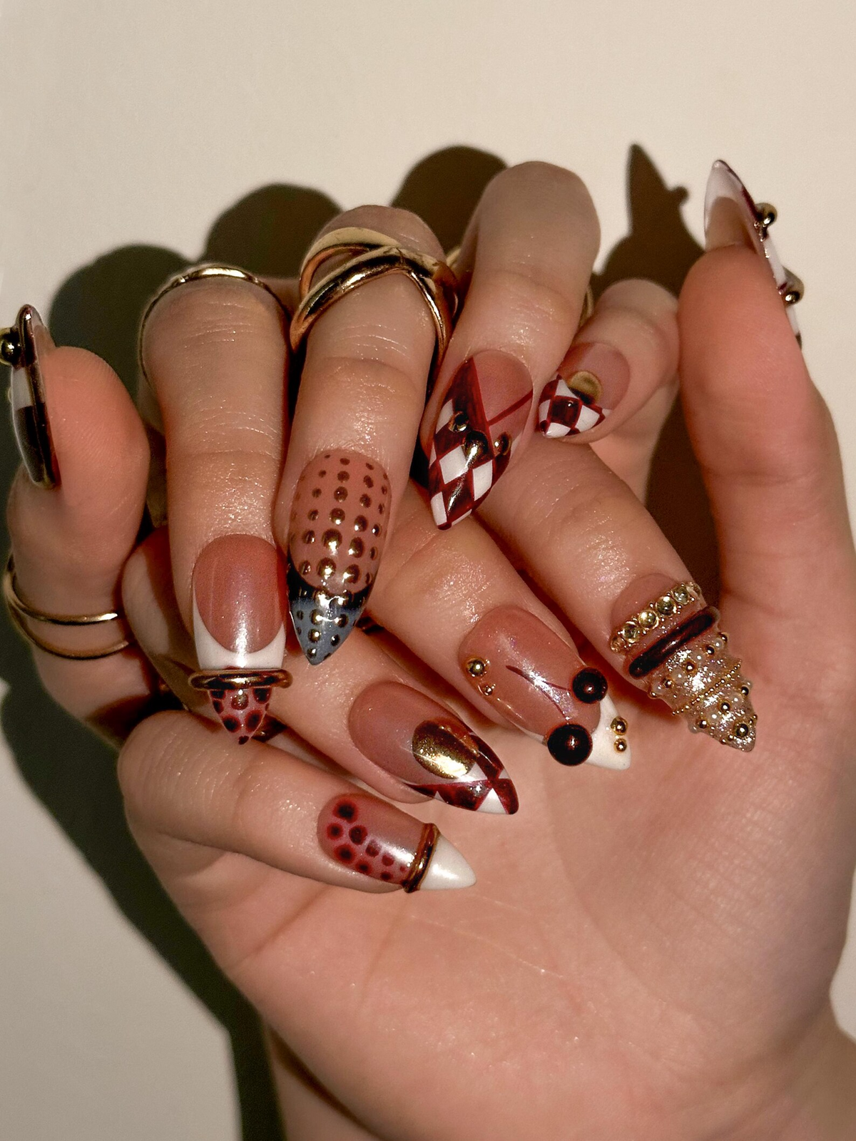 Gold Ring Luxury Press On Nails Pearl Nude & Gold Hardware Nails Luxury Gilded Almond Nail