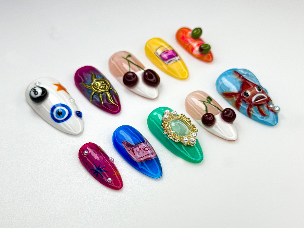 Pop Art Custom Press On Nails Vintage Eye & Fish Nail Art Handmade Funky Artcore Nails Retro Eclectic Press Ons