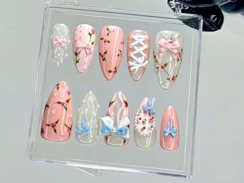 Balletcore Rose Press On Nails Floral Lace Fake nails| Vintage Rose Nail Art Feminine Handmade Kawaii Nails Luxury Nails OB940YC