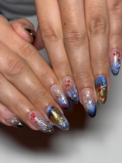 Luxury Navy Gold Press On Nails, Mystic Galaxy Floral Nails, Reusable Stiletto Nail with