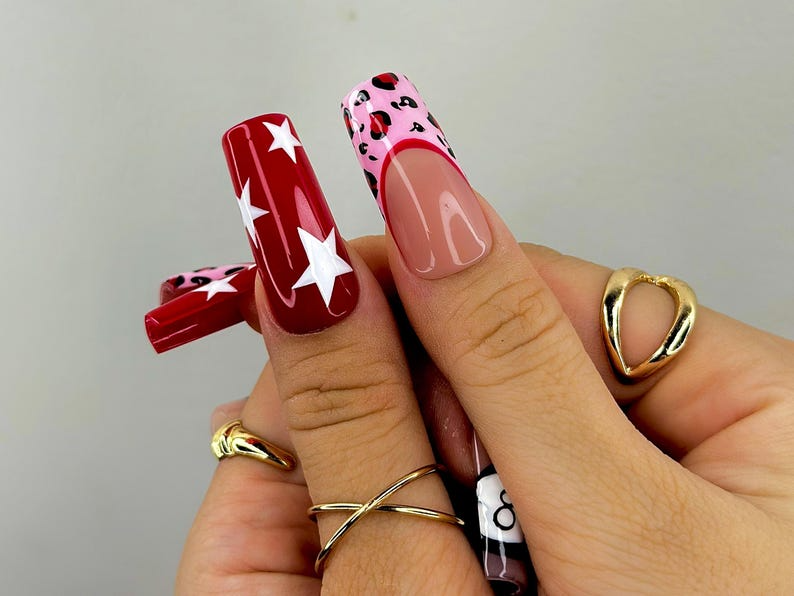 Retro Cherry Leopard Press On Nails 8 Ball & Red Star Nail Art Pink Leopard Print Nails Handmade Pop Art Nail Set
