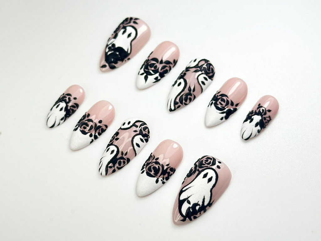 Ghost & Roses Halloween Press On Nails Black Lace Rose Nail Art White Halloween Nails Handmade Spooky Glam Press Ons